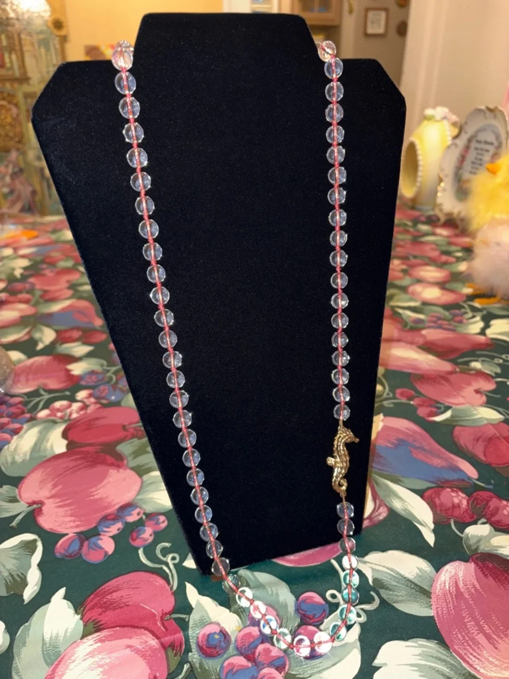 J.Crew Seahorse Long Pink Cord Clear Beaded Necklace - Picture 2 of 6